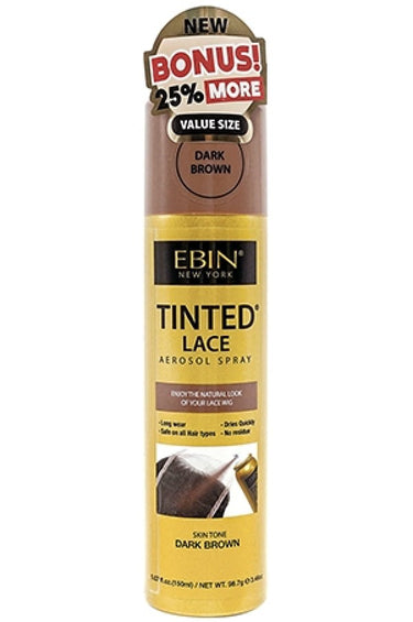A bottle of EBIN tinted lace spray in dark brown color, designed for wig application.